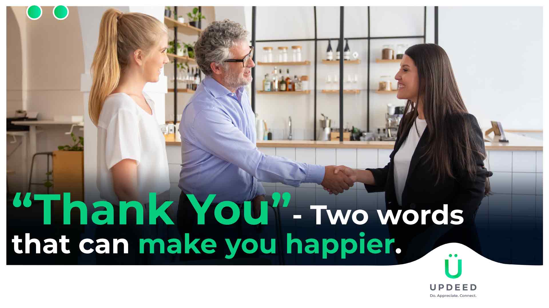 An old man shaking hands with a girl. The other girl in white is looking at them.